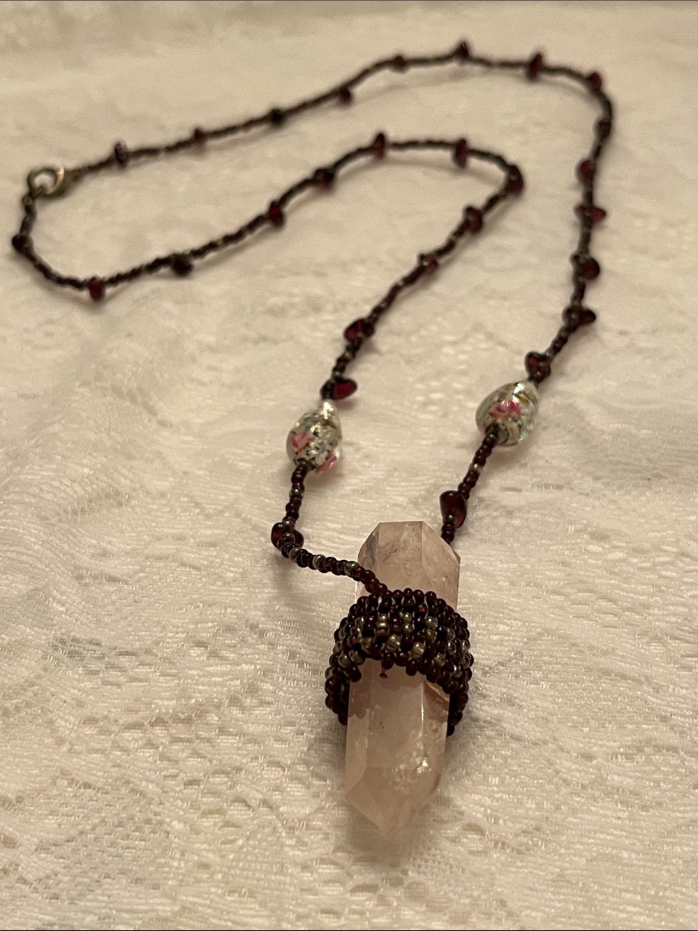 Handcrafted Rose Quartz Pendant Necklace with Garnet Beaded Chain